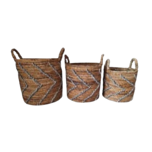 A Trio Of Circular Baskets Made From Banana Bark Featuring Fancy Macrame Touches.