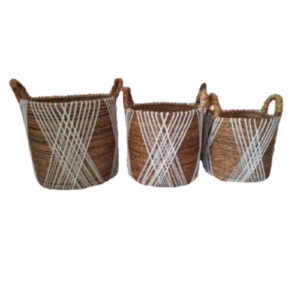 A Trio Of Baskets Crafted From Banana Bark Adorned With Charming Macrame Details.