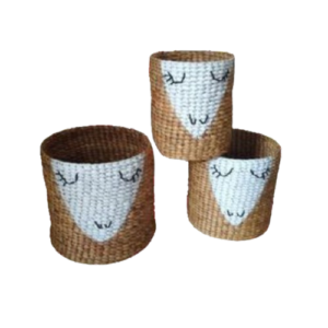 Animal Series, A Trio Of Adorable Round Sheep Baskets, Woven From Water Hyacinth And Adorned With Stylish Black Macrame Trim