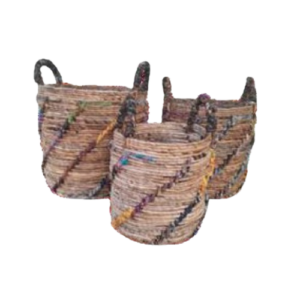 Set Your Eyes On This Trio Of Quirky, Circular Banana Bark Baskets Jazzed Up With Vibrant Batik Fabric!