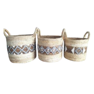 A Trio Of Stylish Circular Banana Bark Baskets Jazzed Up With Diamond-Shaped Flair!