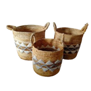 A Trio Of Stylish Round Baskets Made From Banana Bark, Featuring A Chic White Diamond Pattern.