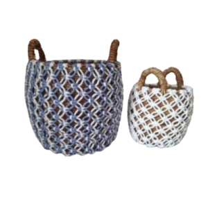 Pair Of 2 Belly Baskets Woven With Banana Bark And Adorned With Macrame Details.