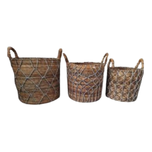 A Trio Of Circular Baskets Made From Banana Bark Featuring Fancy Macrame Touches.