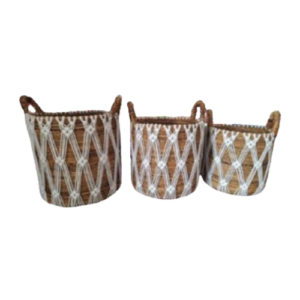 Set Of 3 Fabulous Round Baskets Made From Banana Bark, Jazzed Up With A Touch Of Macrame Magic!